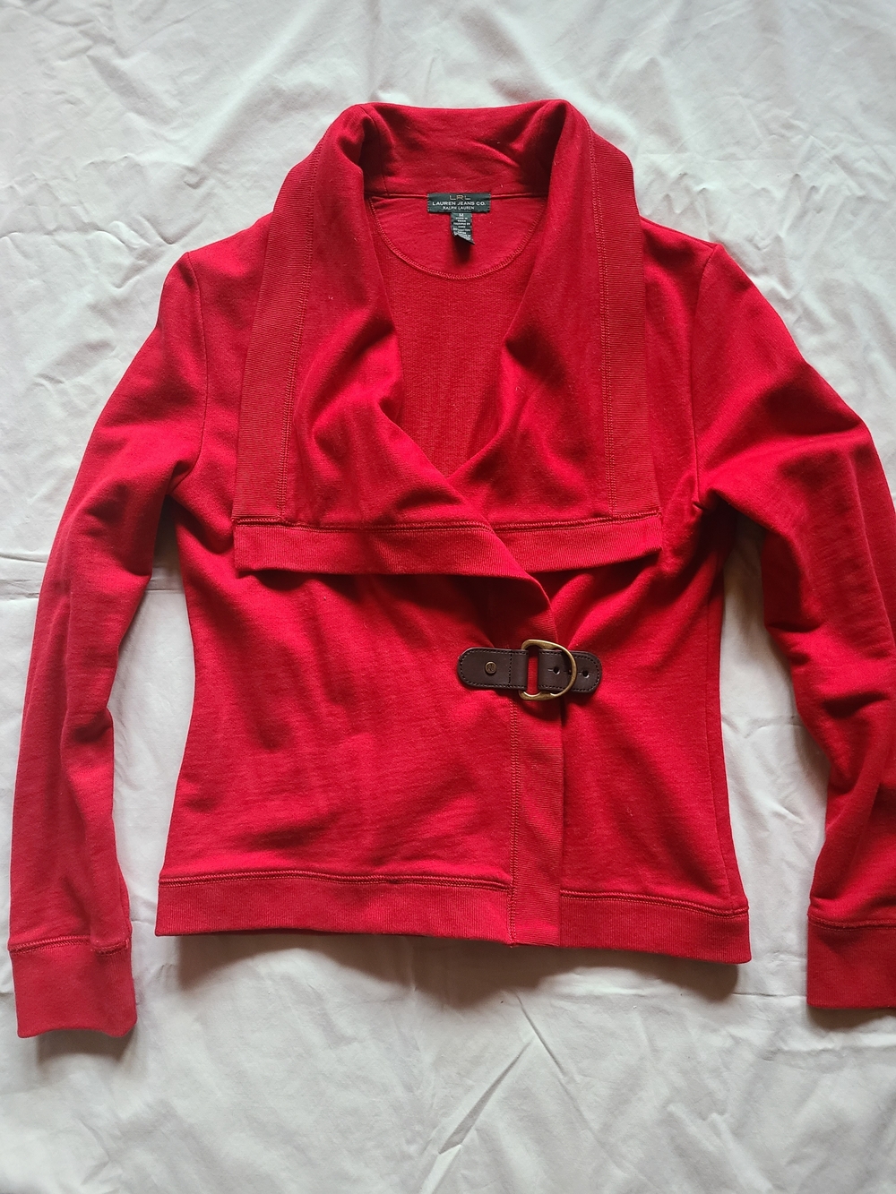 Lauren Jeans Co. Size M Red Wrap Cardigan W/Distinct Faux Leather Buckle Closure